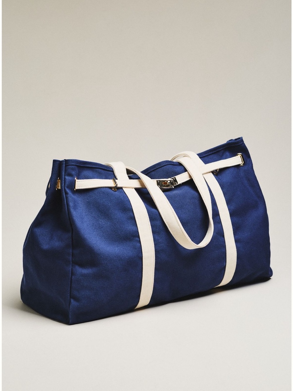 Anthropologie NWT Navy Canvas Weekender Tote with Cream Straps